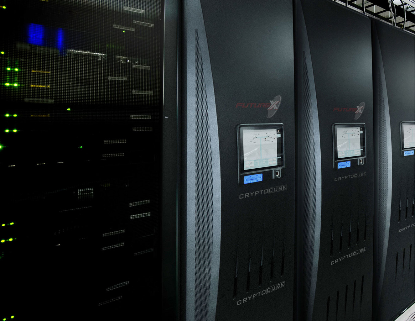 Three CryptoCubes and one standard server rack residing in a darkly-lit data center