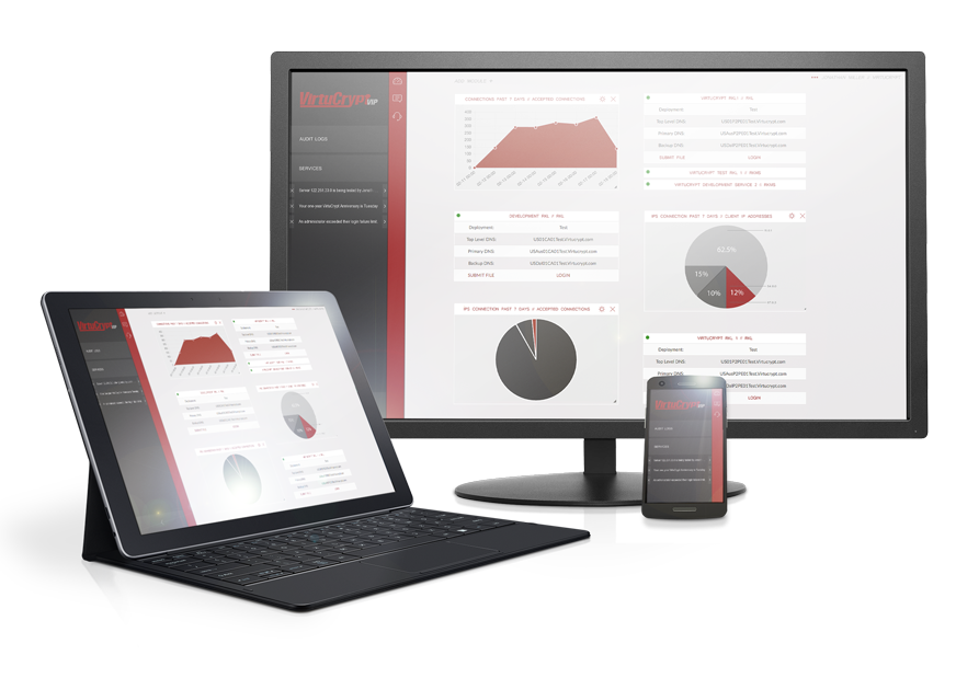 A monitor, laptop screen, and a cell phone screen showing the VirtuCrypt Intelligence Portal graphic user interface