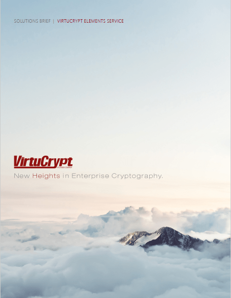 virtucrypts-elements-solutions-brief-cover A VirtuCrypt Logo positioned above a mountain top high in the clouds